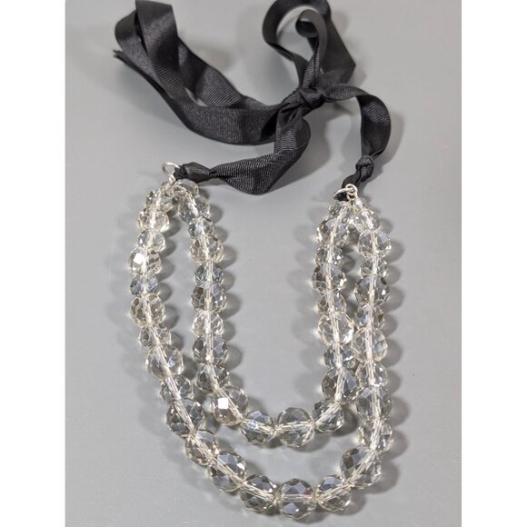 Gray Faceted Glass Bead Two Strand Black Ribbon Tie Statement Necklace 48" - Picture 2 of 8